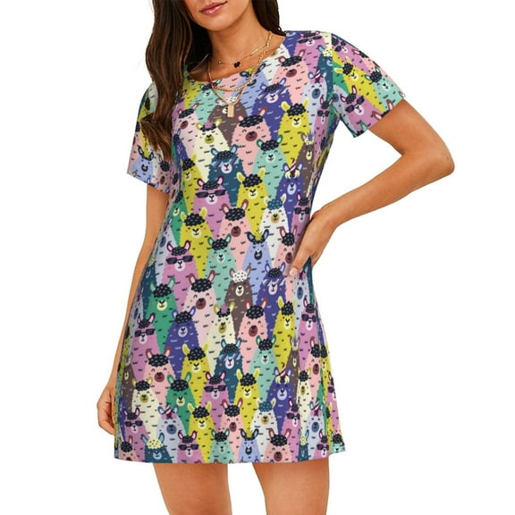 Kdxio Llamas Colorful Pattern Womens Short Sleeve Sleepshirt Scoopneck Cute Nightdress Ruffle Comfy Nightgown