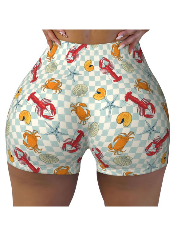 Lobster Sea Shell Print Workout Shorts for Women Seamless Soft Smooth Gym Yoga Scrunch Active Shorts