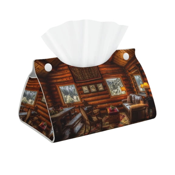 Kdxio Log Cabin Inside Print Tissue Box Cover,Modern PU Leather Rectangular Tissue Box Holder for Bathroom Living Room Bedroom Office Desk Car Home