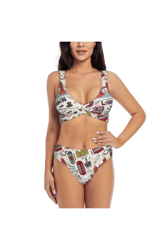 London Landmark1 Print Women's 2 Piece High Waisted Wrap Spaghetti Strap Summer Swimsuit Bikini Set-Large