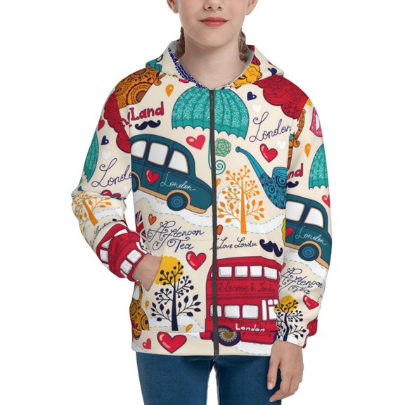 Kdxio London Symbols Pattern Kids Boys Girls Zip Up Hoodie 3D Printed Hooded Sweatshirt Hoody Coat with Pocket 7-12 Y-Medium