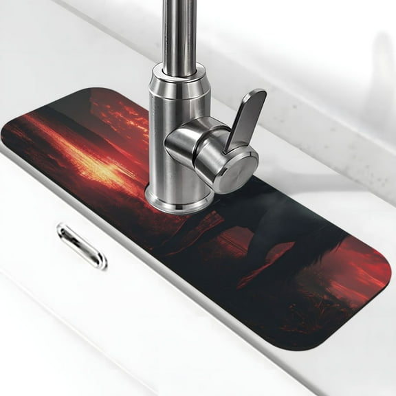 Kdxio Lone Rider Under Red Sky Pattern Non-Slip Diatom Mud Faucet Drain Pad,Self Absorbent Mat for Kitchen Sink for Variety Kitchen & Bathroom Countertops
