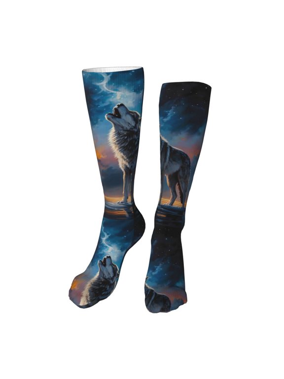 Lonely Night Sky Wolf Funny Silky Novelty Funky Long Knee High Socks Soft 3D Print Cosplay Crazy Stockings for Men Women