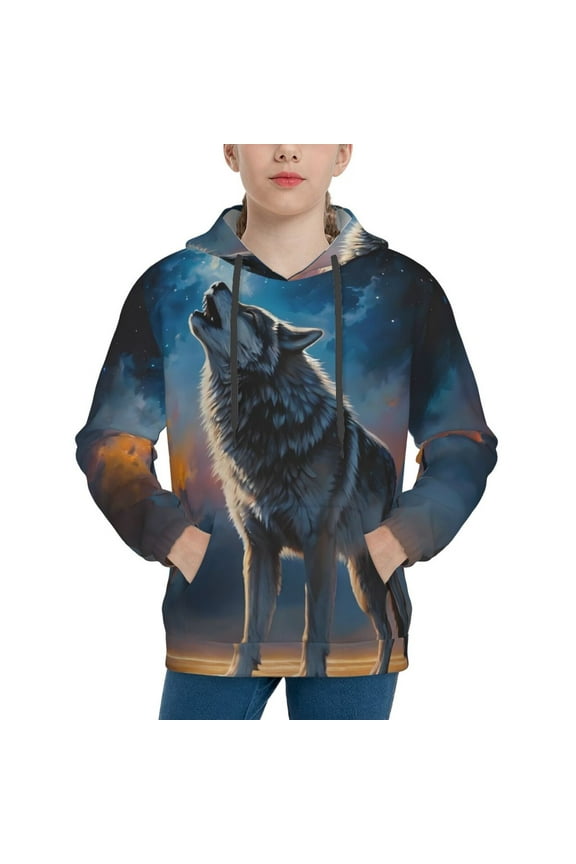 Lonely Night Sky Wolf Pattern Boys Athletic Unisex Boys Girls Hoodie with Pocket Sweatshirts-Large