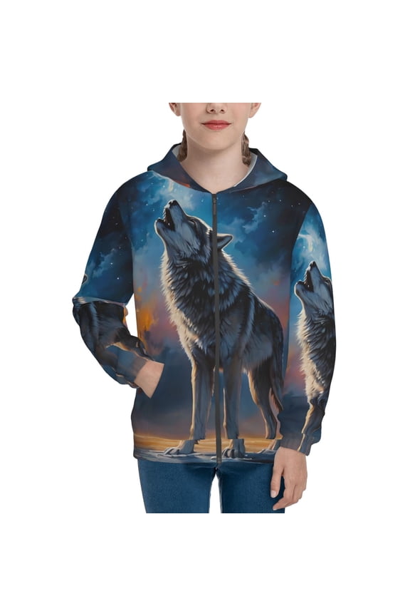 Lonely Night Sky Wolf Pattern Kids Boys Girls Zip Up Hoodie 3D Printed Hooded Sweatshirt Hoody Coat with Pocket 7-12 Y-Small
