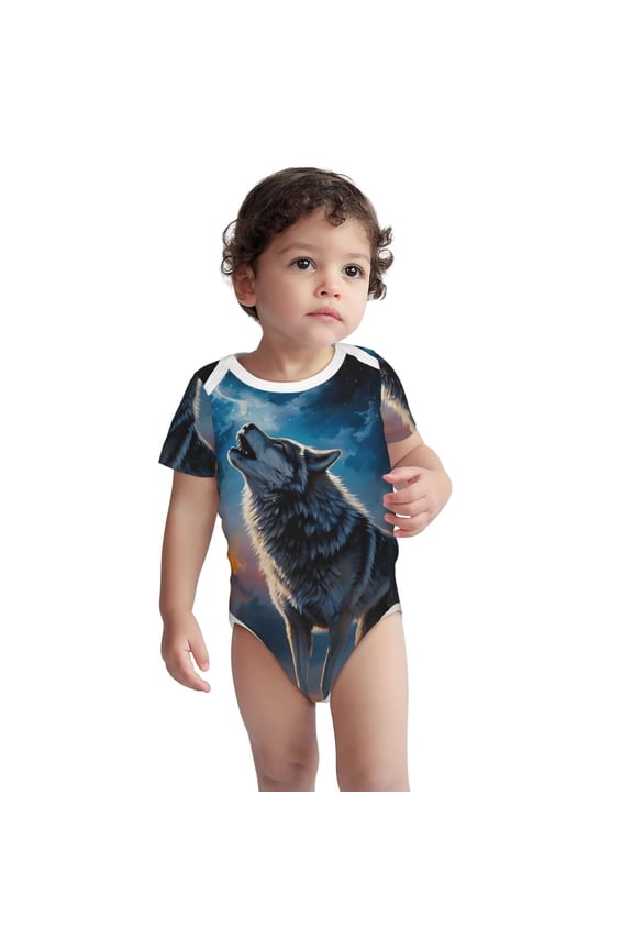Lonely Night Sky Wolf Pattern Unisex Baby Cotton Short Sleeve Bodysuits-18 Months