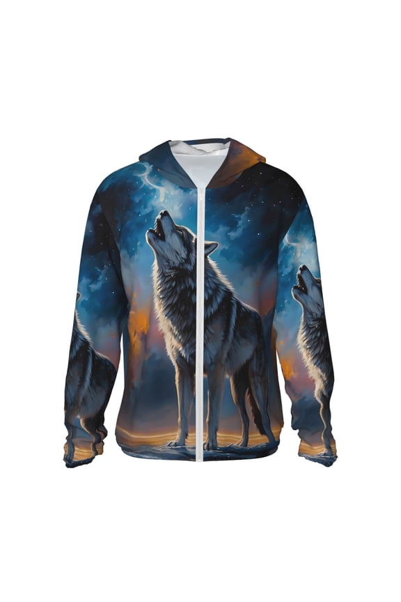 Lonely Night Sky Wolf Print Women Men Sun Protection UPF 50+ Jackets Zip Up Long Sleeve Hoodie Hiking Lightweight with Pockets