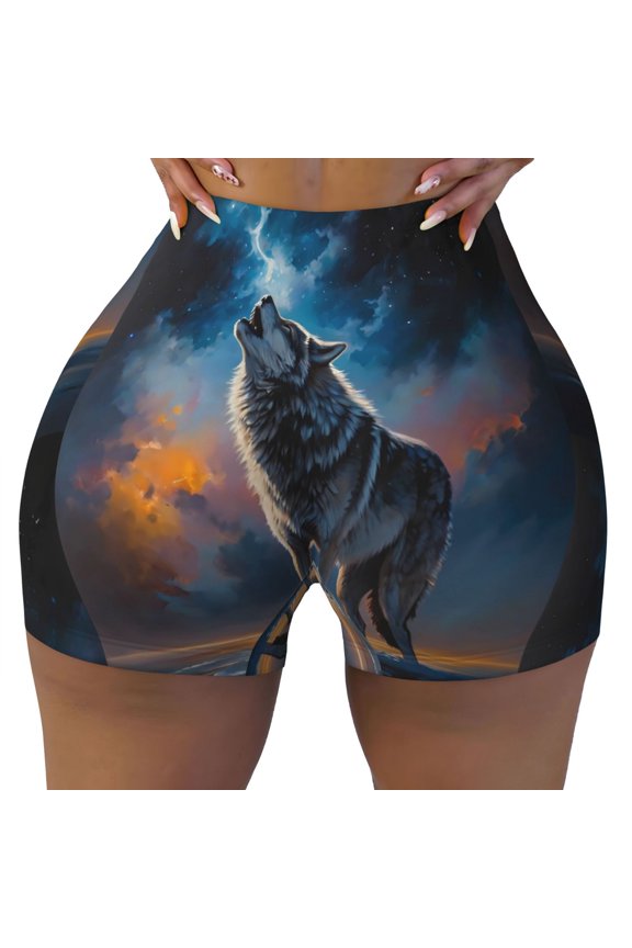 Lonely Night Sky Wolf Print Workout Shorts for Women Seamless Soft Smooth Gym Yoga Scrunch Active Shorts