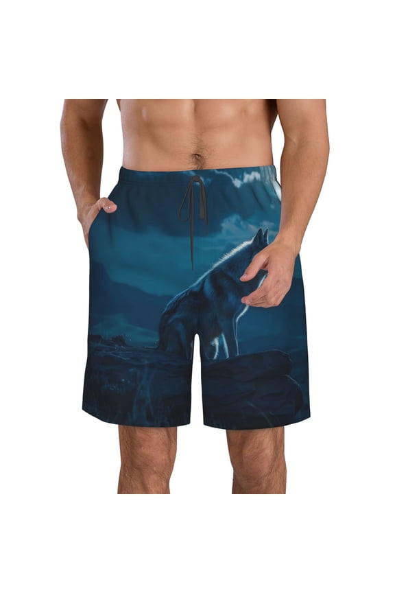 Lonely Night Wolf Pattern Mens Casual Shorts - Drawstring Summer Beach Sports Shorts for Men