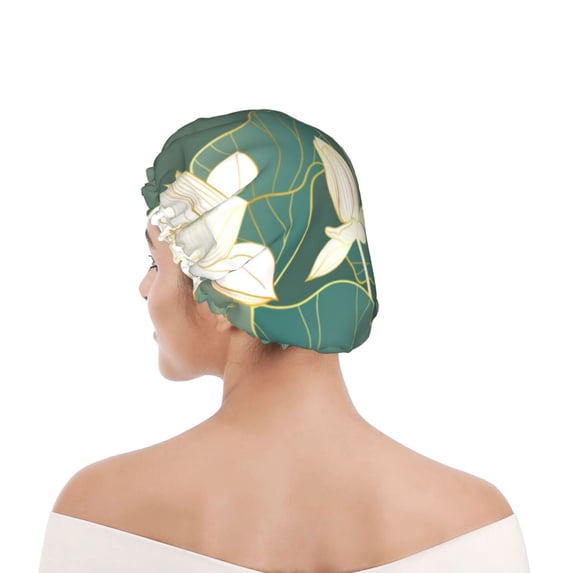 Kdxio Lotus Golden Line Print Shower Cap for Women,Elastic and Reusable,Double Waterproof Layers Bathing Hat
