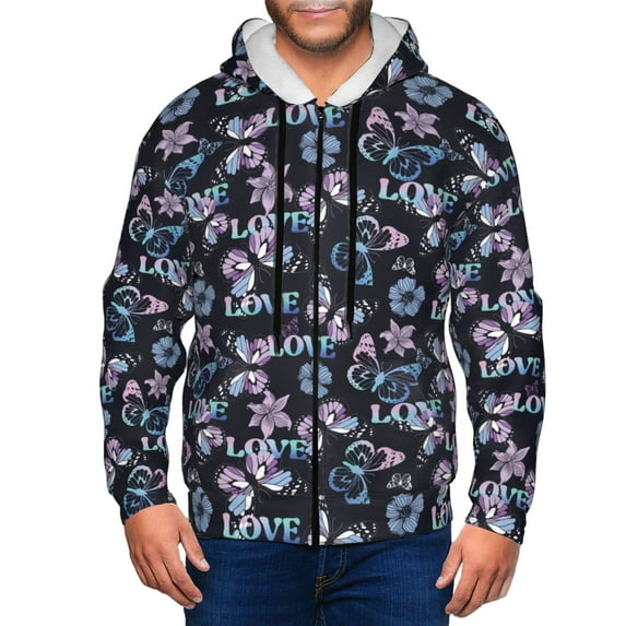 Kdxio Love Butterflies Print Men Hoodies Casual Hoodies for Men with Zip Pockets Full Zip Long Sleeve Sweatshirt Sports Hooded Jacket-Small