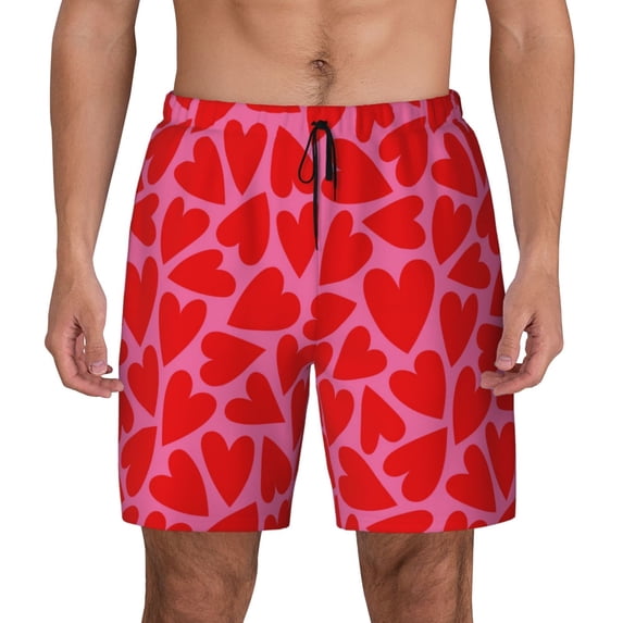 Kdxio Love Heart Print Men's Swim Trunks with Compression Liner 7 Inch Inseam Quick Dry Swim Shorts