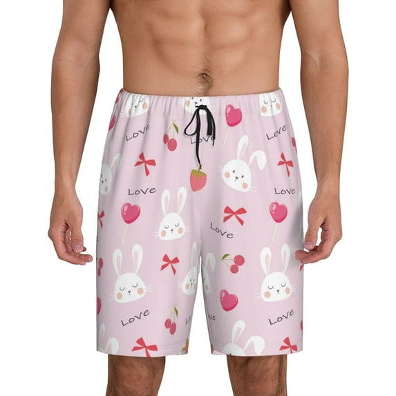 Kdxio Love Rabbit Print Mens Sleep Shorts Bottoms Soft Comfy Pajama Wear Pants with Drawstring Pockets