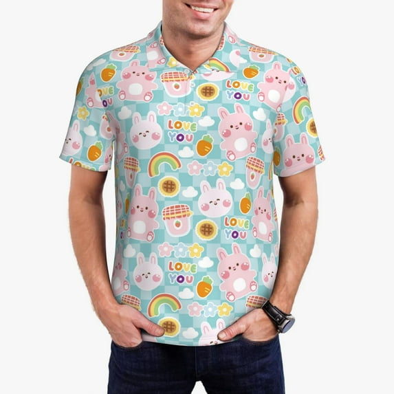 Kdxio Love You Rabbit Print Men's Short Sleeve Polo Shirt,Midweight Men's Shirt