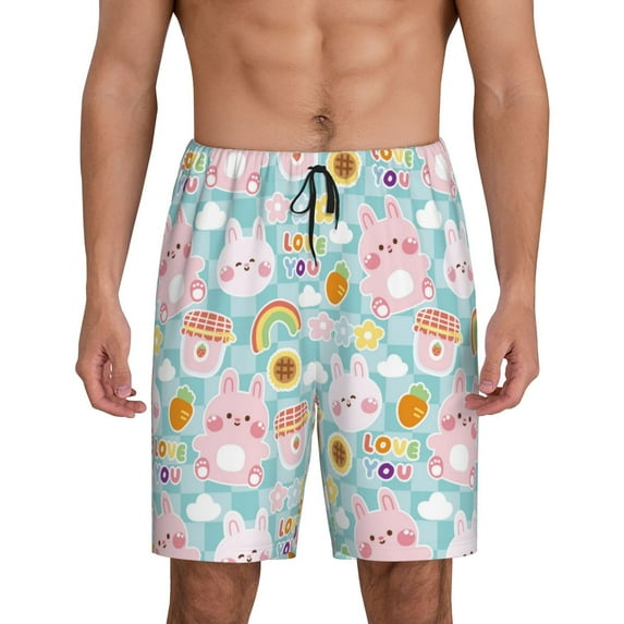Kdxio Love You Rabbit Print Mens Sleep Shorts Bottoms Soft Comfy Pajama Wear Pants with Drawstring Pockets