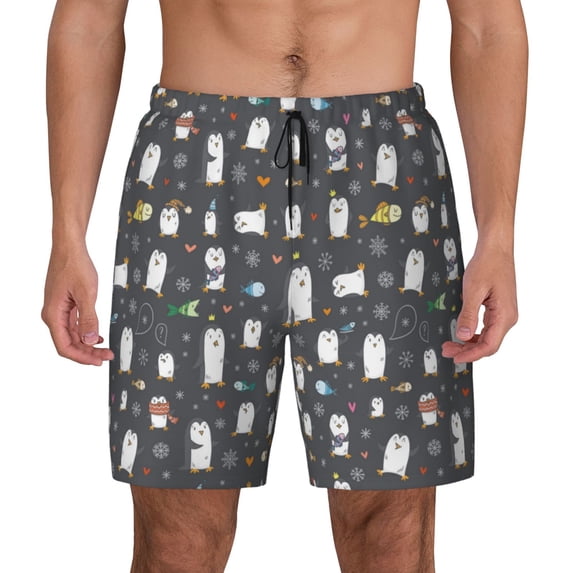 Kdxio Lovely Penguin Print Men's Swim Trunks with Compression Liner 7 Inch Inseam Quick Dry Swim Shorts
