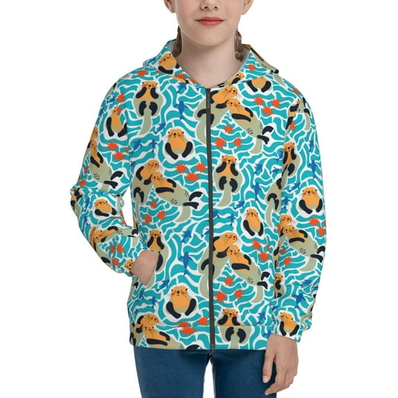 Kdxio Lovely Sea Otters Pattern Kids Boys Girls Zip Up Hoodie 3D Printed Hooded Sweatshirt Hoody Coat with Pocket 7-12 Y-Medium