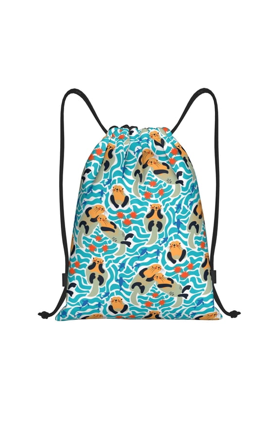 Lovely Sea Otters Print Drawstring Backpack Bag,Waterproof Draw String Back Sack, Gym Drawstring Bags Swim Bag For Unisex