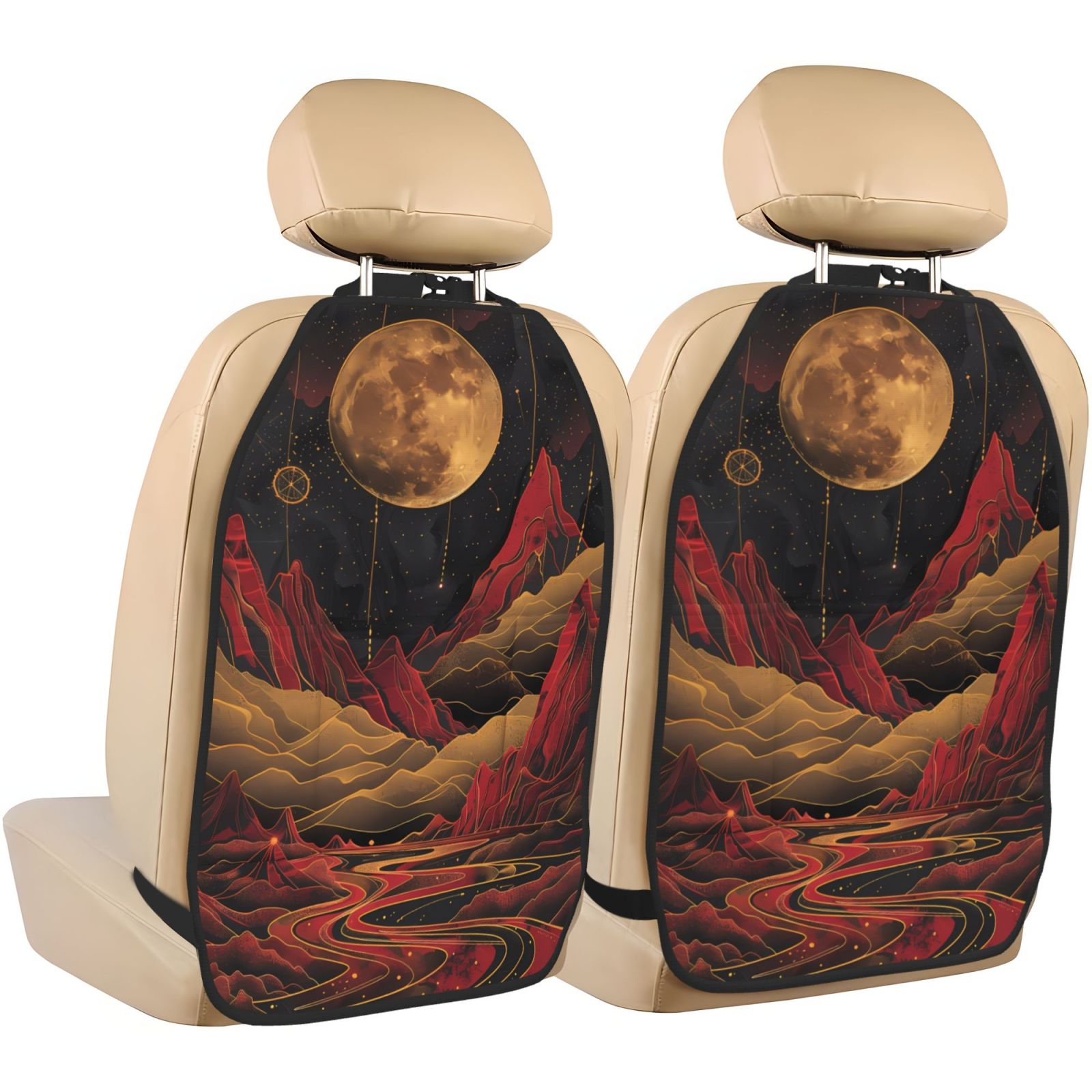 Kdxio Lunar Mountains Golden Rivers Print 2 Pack Car Kick Mat Seat Cover Back Protector Mat with Pockets for Organizer Backseat Protector and Storage Anti Kick Pad for Vehicles