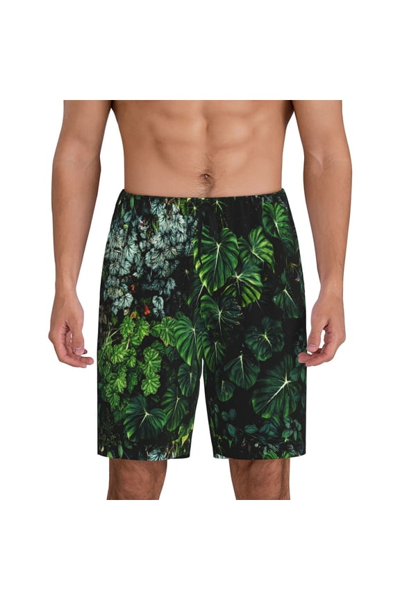 Lush Foliage Green Plant Print Mens Sleep Shorts Bottoms Soft Comfy Pajama Wear Pants with Drawstring Pockets