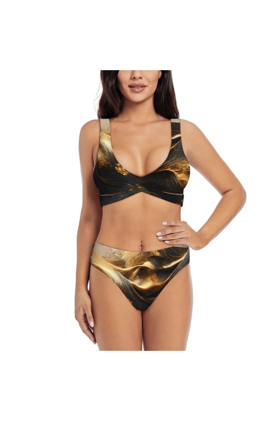 Luxurious Gold Flow Print Women's 2 Piece High Waisted Wrap Spaghetti Strap Summer Swimsuit Bikini Set-Large