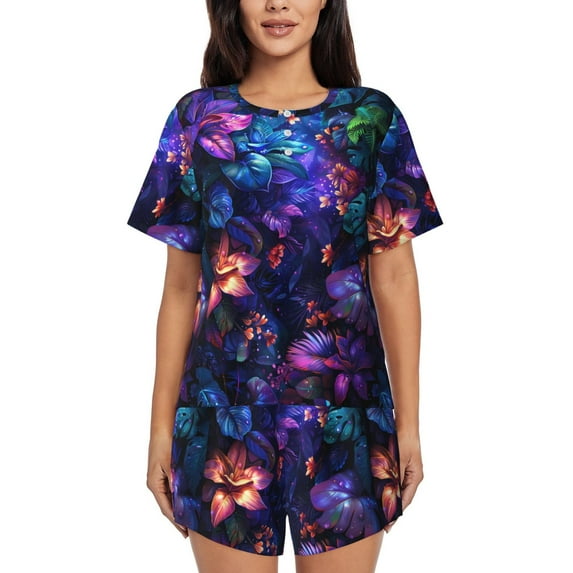 Kdxio Magic Colorful Forest Leaves Print Pajamas Sets for Women Short-Sleeved Pjs with Lounge Shorts Two Piece Sleepwear S-4XL