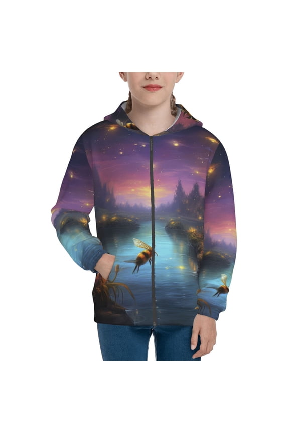 Magical Bees Twilight River Pattern Kids Boys Girls Zip Up Hoodie 3D Printed Hooded Sweatshirt Hoody Coat with Pocket 7-12 Y-Medium