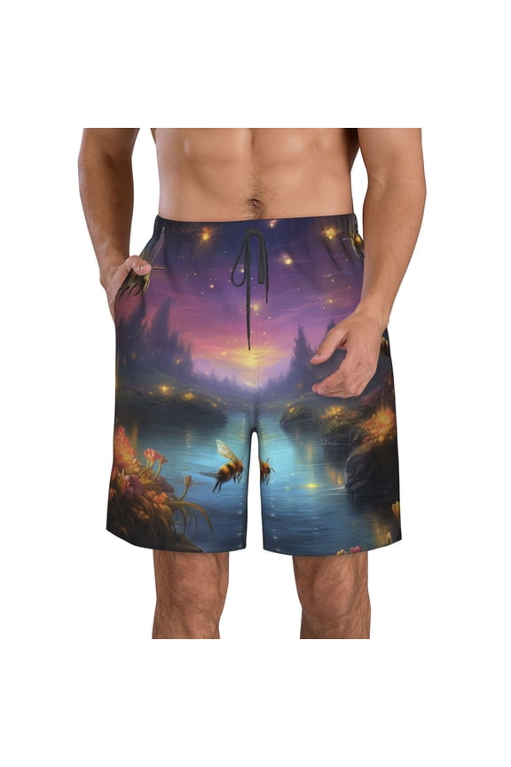 Magical Bees Twilight River Pattern Mens Casual Shorts - Drawstring Summer Beach Sports Shorts for Men