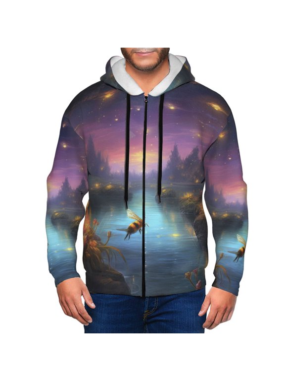 Magical Bees Twilight River Print Men Hoodies Casual Hoodies for Men with Zip Pockets Full Zip Long Sleeve Sweatshirt Sports Hooded Jacket-Medium