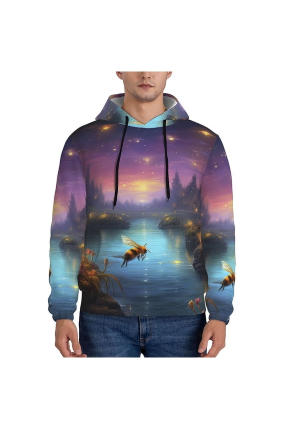 Magical Bees Twilight River Print Mens Casual Hooded Collar Drawstring Hoodies Pullover Sweatshirts Casual Long Sleeve Shirts-Large