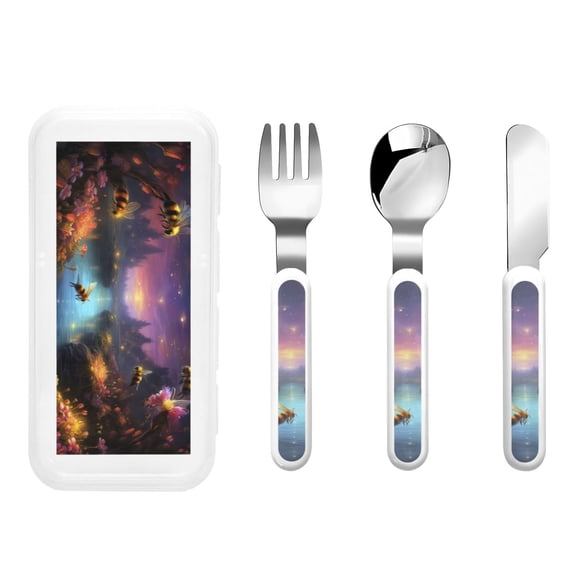 Kdxio Magical Bees Twilight River Toddler Utensils Set - Kids Silverware Set, Set Kids Utensils Set with Case for Preschooler Children