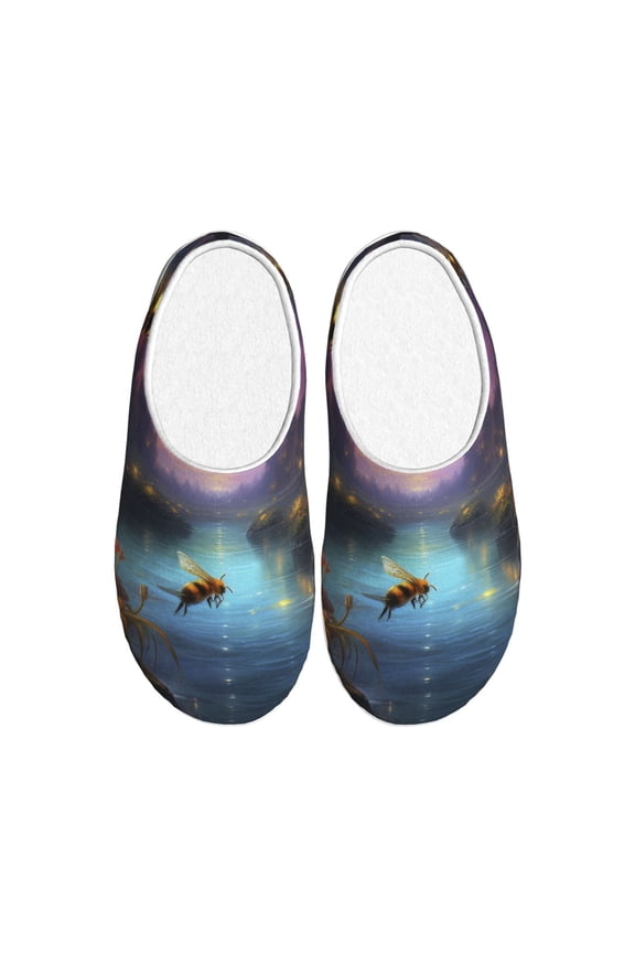 Magical Bees Twilight River Women's Men's Slippers Plush Slip-On House Slipper for Winter Indoor Soft Cushion Non-slip Fluffy Slides Slippers-37/38