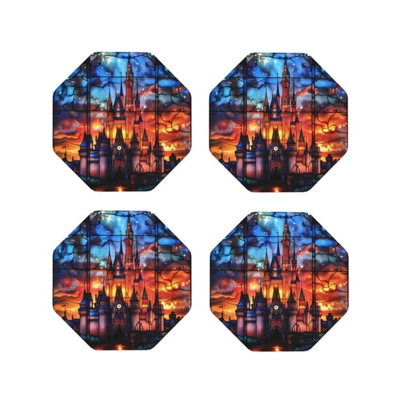 Kdxio Magical Stained Glass Castle Funny Coasters,4 Pcs Leather Coasters,Housewarming Gifts,Protect Furniture from Water Marks Scratch and Damage