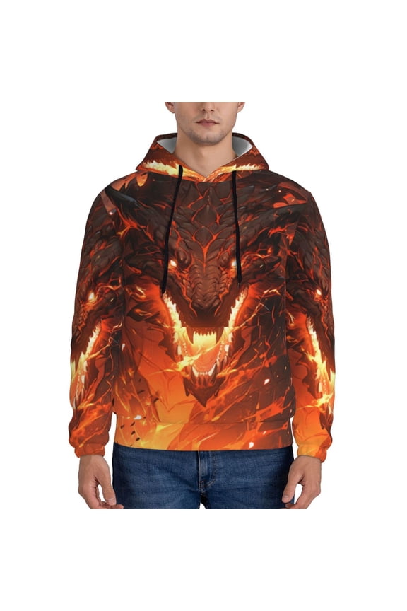 Magma Fire Black Dragon Print Mens Casual Hooded Collar Drawstring Hoodies Pullover Sweatshirts Casual Long Sleeve Shirts-