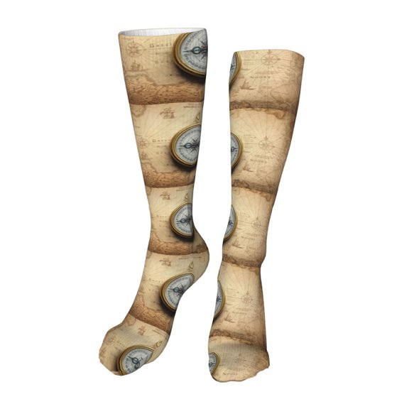 Kdxio Magnetic Old Compass On World Map Funny Silky Novelty Funky Long Knee High Socks Soft 3D Print Cosplay Crazy Stockings for Men Women