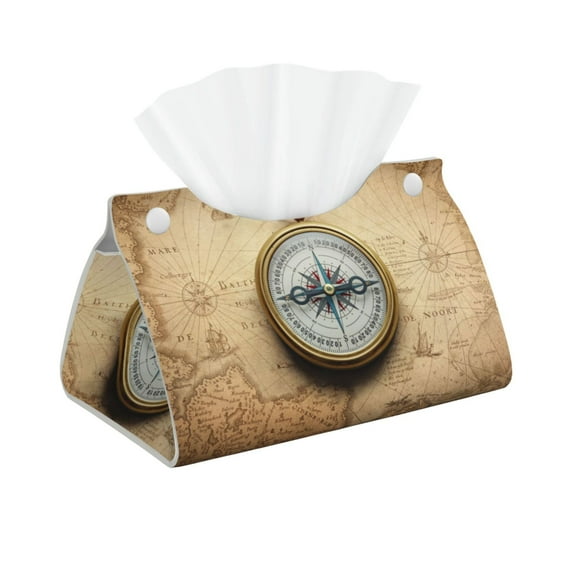 Kdxio Magnetic Old Compass On World Map Print Tissue Box Cover,Modern PU Leather Rectangular Tissue Box Holder for Bathroom Living Room Bedroom Office Desk Car Home