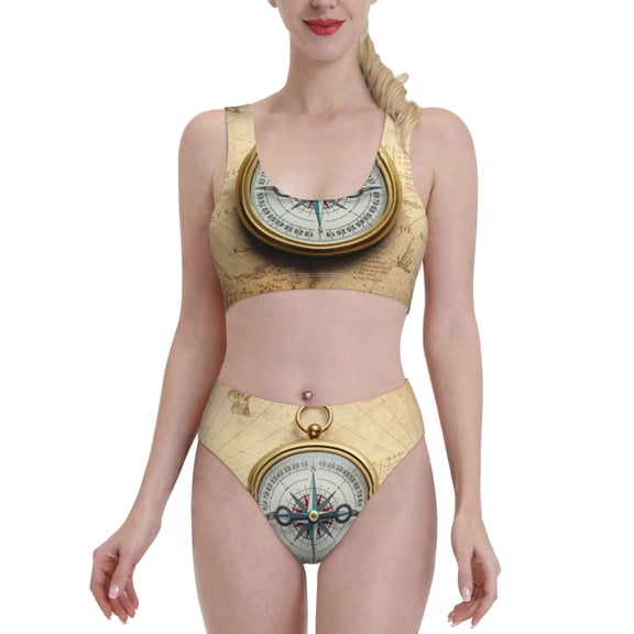 Kdxio Magnetic Old Compass On World Map for Womens High Waisted Bikini Top Sports Style Two Piece Bathing Suits