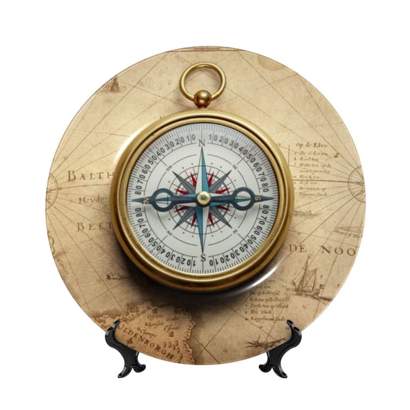 Kdxio Magnetic Old Compass On World Map Bone China Decorative Plate Ceramic Decorative Plate for Home Office Wall Stand Decorative Plates for Home Bedroom-10in