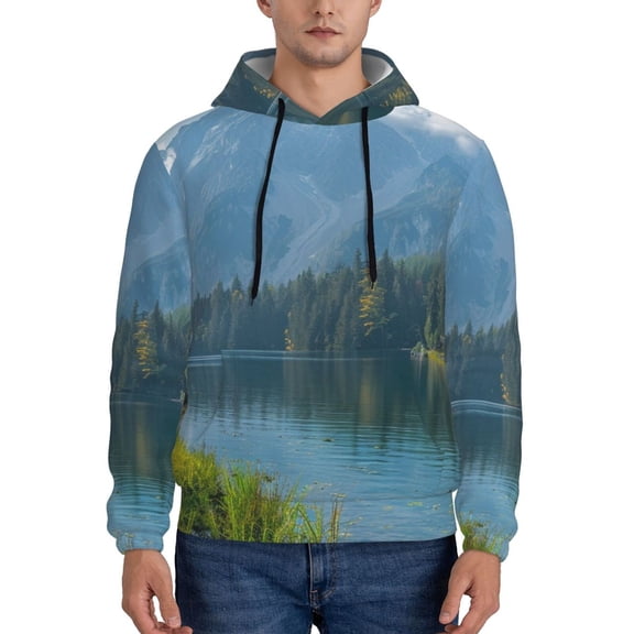 Kdxio Majestic Deer Mountain Lake Print Mens Casual Hooded Collar Drawstring Hoodies Pullover Sweatshirts Casual Long Sleeve Shirts-Medium
