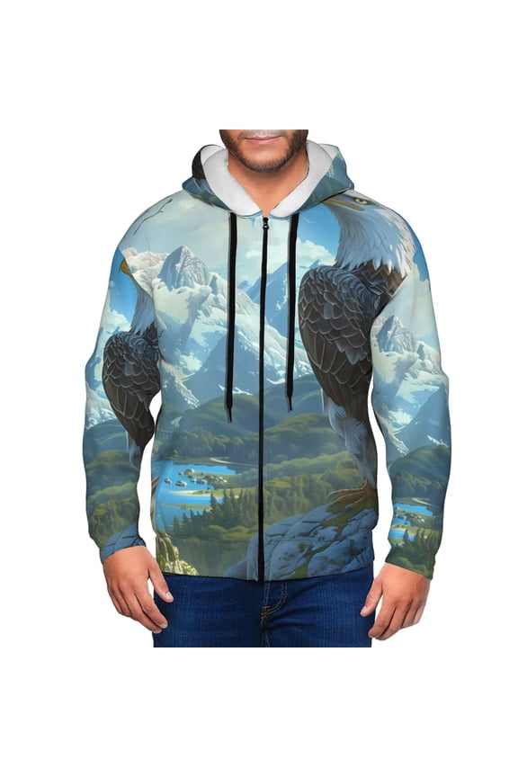 Majestic Eagle Over Castle Print Men Hoodies Casual Hoodies for Men with Zip Pockets Full Zip Long Sleeve Sweatshirt Sports Hooded Jacket-XX-Large
