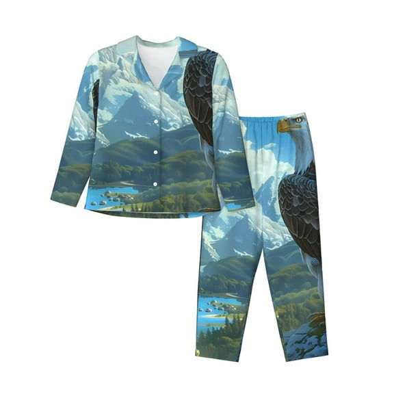 Kdxio Majestic Eagle Over Castle Women's Pajama Sets Long Sleeve Button Down Sleepwear Nightwear Soft Pjs Lounge Sets-XX-Large