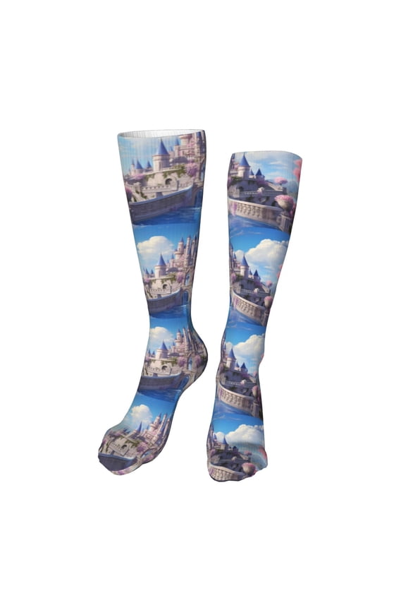 Majestic Fantasy Castle Funny Silky Novelty Funky Long Knee High Socks Soft 3D Print Cosplay Crazy Stockings for Men Women