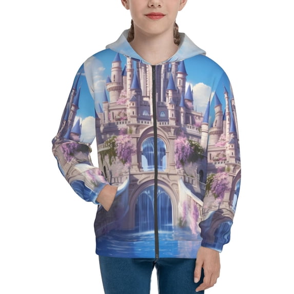 Kdxio Majestic Fantasy Castle Pattern Kids Boys Girls Zip Up Hoodie 3D Printed Hooded Sweatshirt Hoody Coat with Pocket 7-12 Y-Small