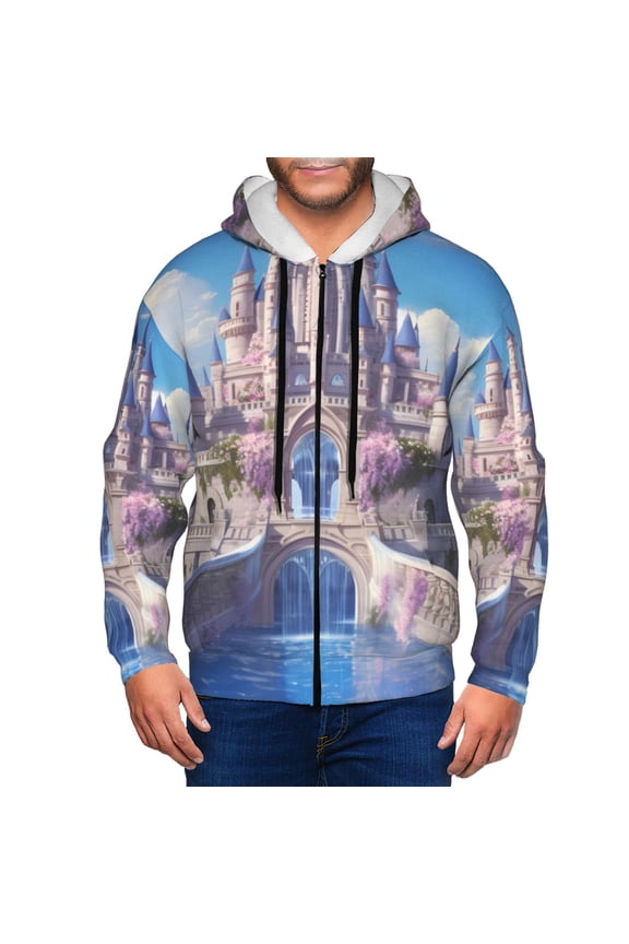 Majestic Fantasy Castle Print Men Hoodies Casual Hoodies for Men with Zip Pockets Full Zip Long Sleeve Sweatshirt Sports Hooded Jacket-Medium