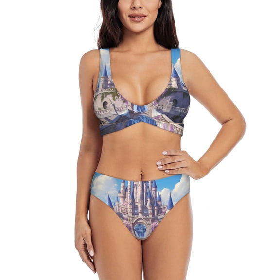 Kdxio Majestic Fantasy Castle Print Women's 2 Piece High Waisted Wrap Spaghetti Strap Summer Swimsuit Bikini Set-Large