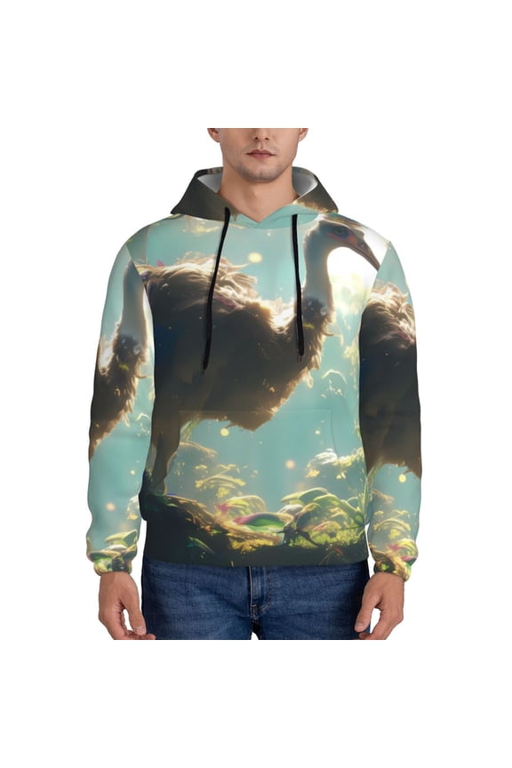 Majestic Ostrich In Forest Print Mens Casual Hooded Collar Drawstring Hoodies Pullover Sweatshirts Casual Long Sleeve Shirts-Medium