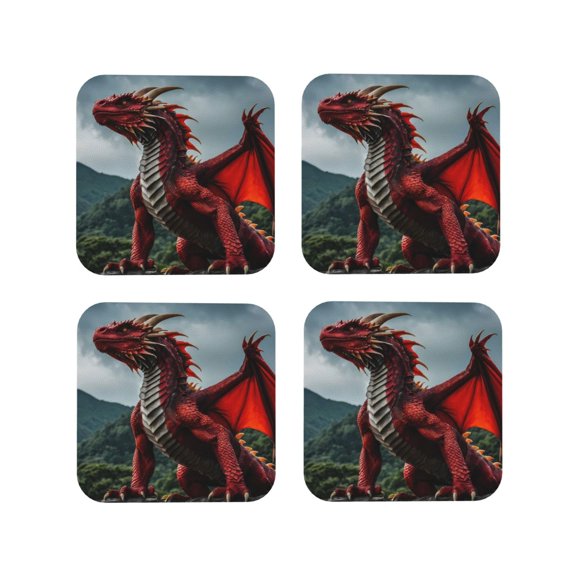 Kdxio Majestic Red Dragon Funny Coasters,4 Pcs Leather Coasters,Housewarming Gifts,Protect Furniture from Water Marks Scratch and Damage