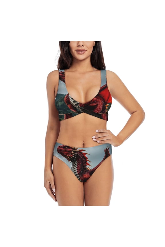 Majestic Red Dragon Print Women's 2 Piece High Waisted Wrap Spaghetti Strap Summer Swimsuit Bikini Set-XX-Large