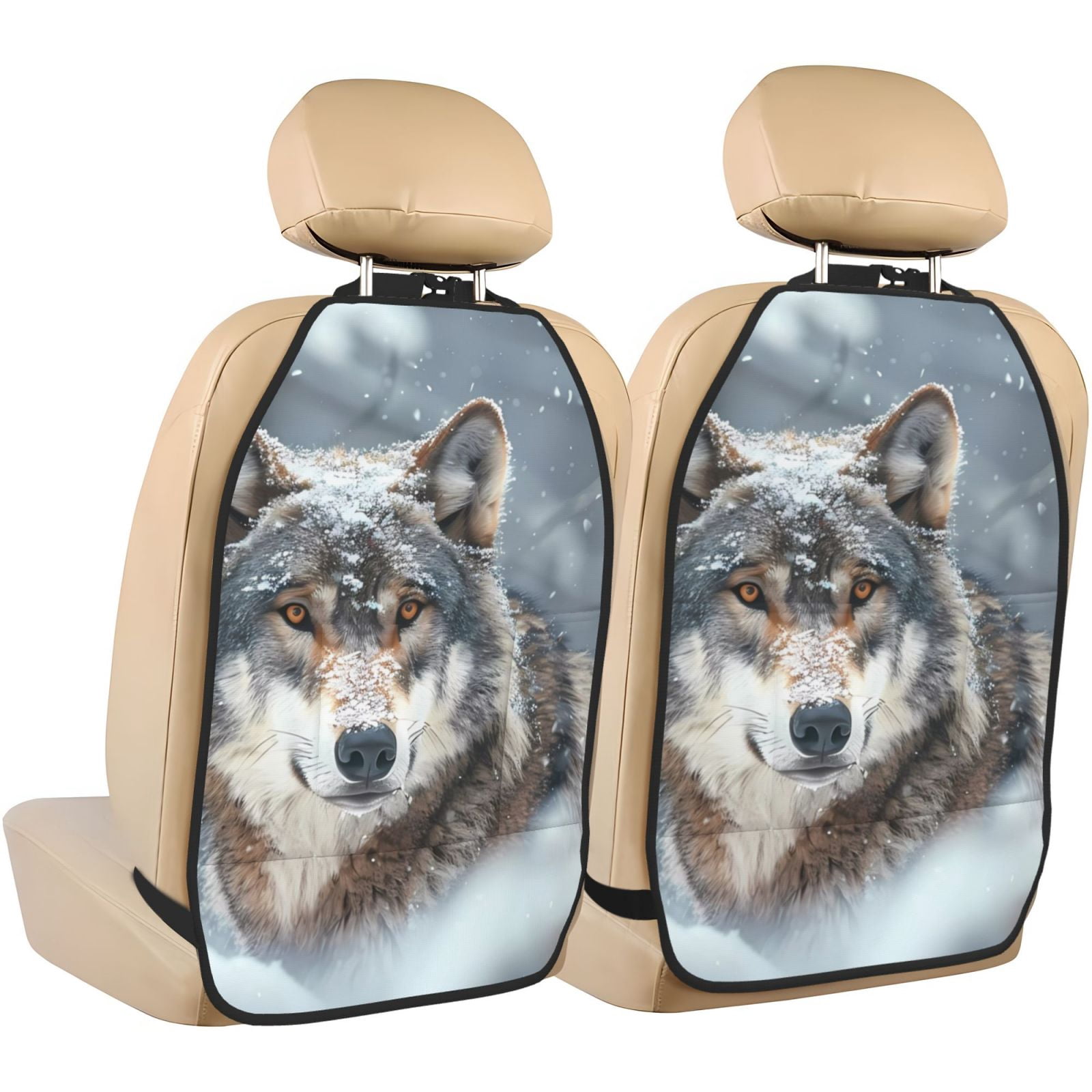 Kdxio Majestic Snowy Wolf Print 2 Pack Car Kick Mat Seat Cover Back Protector Mat with Pockets for Organizer Backseat Protector and Storage Anti Kick Pad for Vehicles
