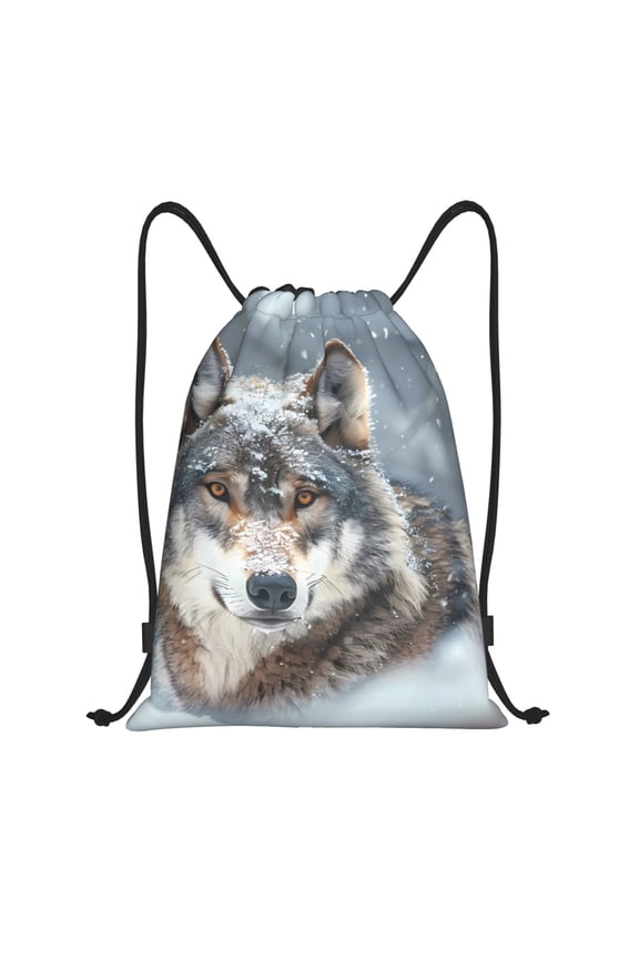 Majestic Snowy Wolf Print Drawstring Backpack Bag,Waterproof Draw String Back Sack, Gym Drawstring Bags Swim Bag For Unisex
